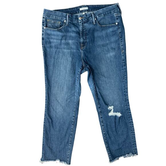 Good American Denim - Good American Good Straight Blue407 Medium Wash Distressed Raw Hem Jeans size 18